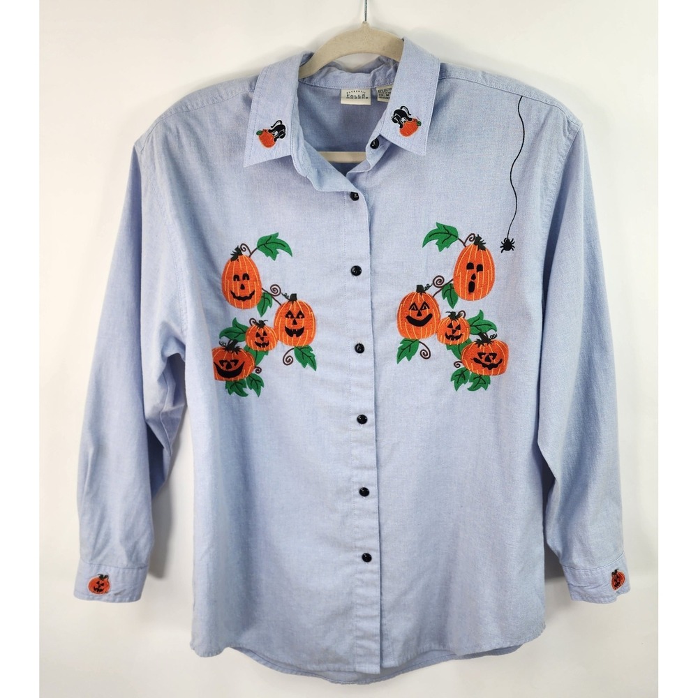 Falls Creek Chambray Shirt Women's M Jack O' Lantern Embroidery Halloween Fall